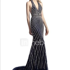 Navy Sequin Halter Mermaid Evening Gown